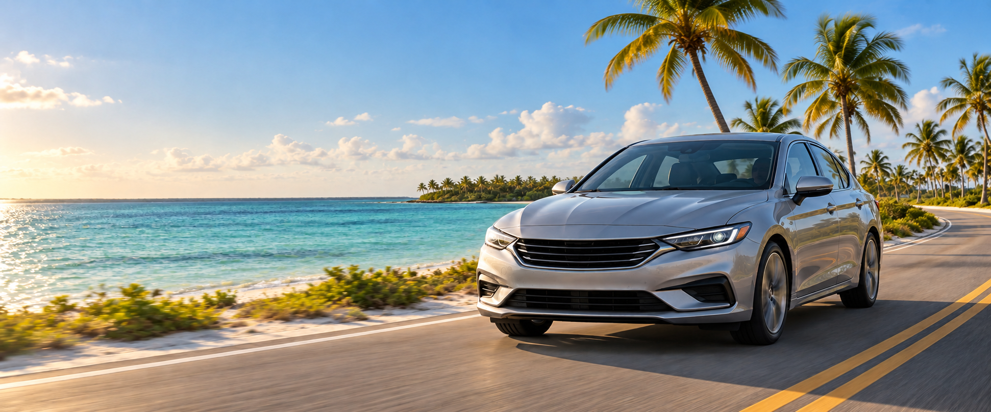 A silver sedan beside turquoise water and coconut palms on an illustrative Florida coastal road